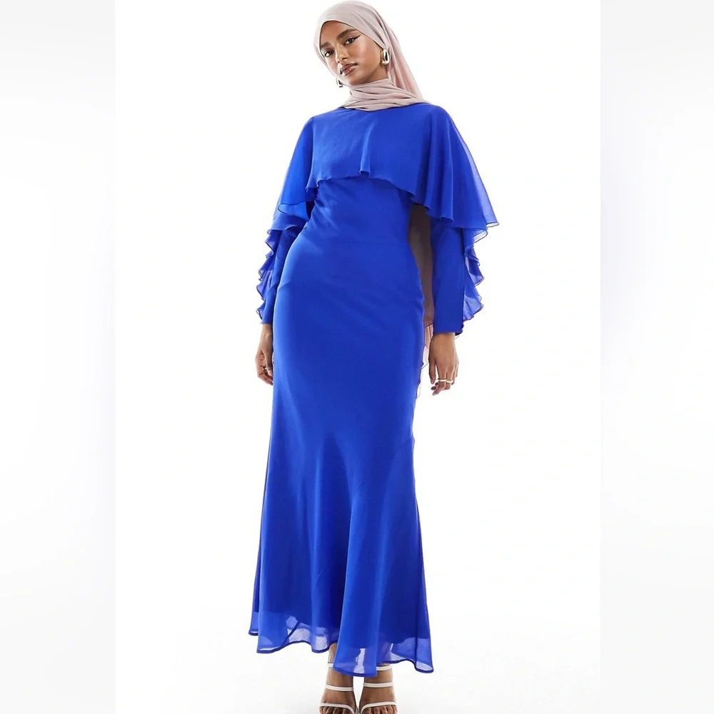 ASOS DESIGN long sleeve ruffle bias maxi dress with cape detail in cobalt blue - Picture 1 of 5